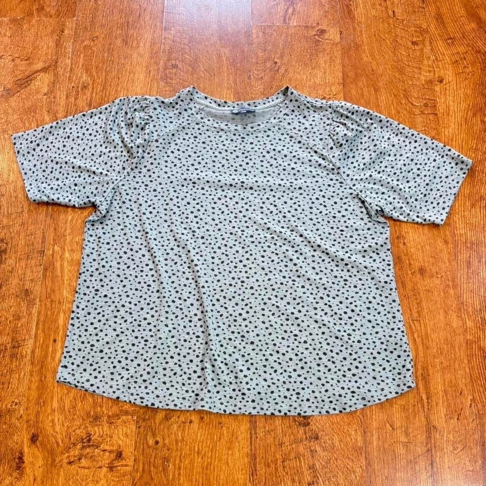 Democracy blue animal print polka dot top, shoulder/sleeves look slightly ruched